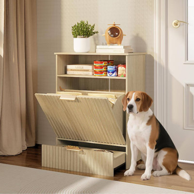 Fluted Dog Feeding Station with Raised Bowls - Dog Food Storage Container & Pet Feeder Cabinet, Natural Oak