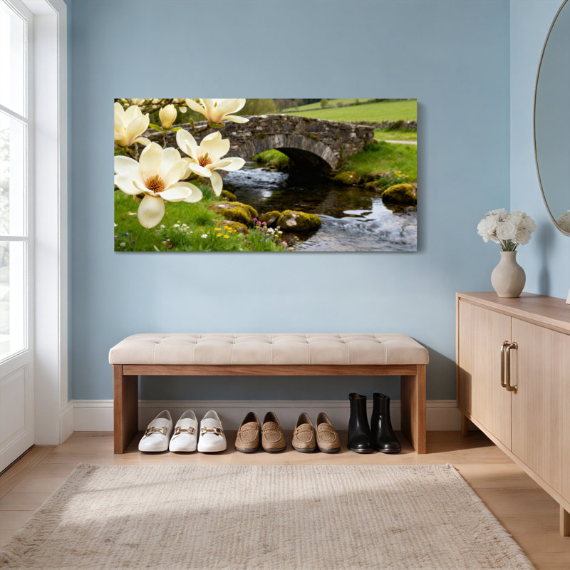 Ensemble de 1 tableau sur toile tendue représentant un paysage de fleurs de magnolia et de pont de pierre, H 20 po x l 40 po