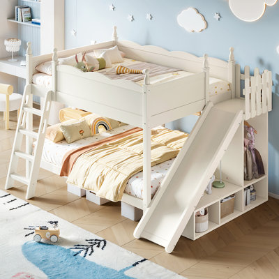 Bunk Bed 108.56" x 70.12" x 60.83" MDF,Pine,Plywood 1 Piece Bed Beige Storage