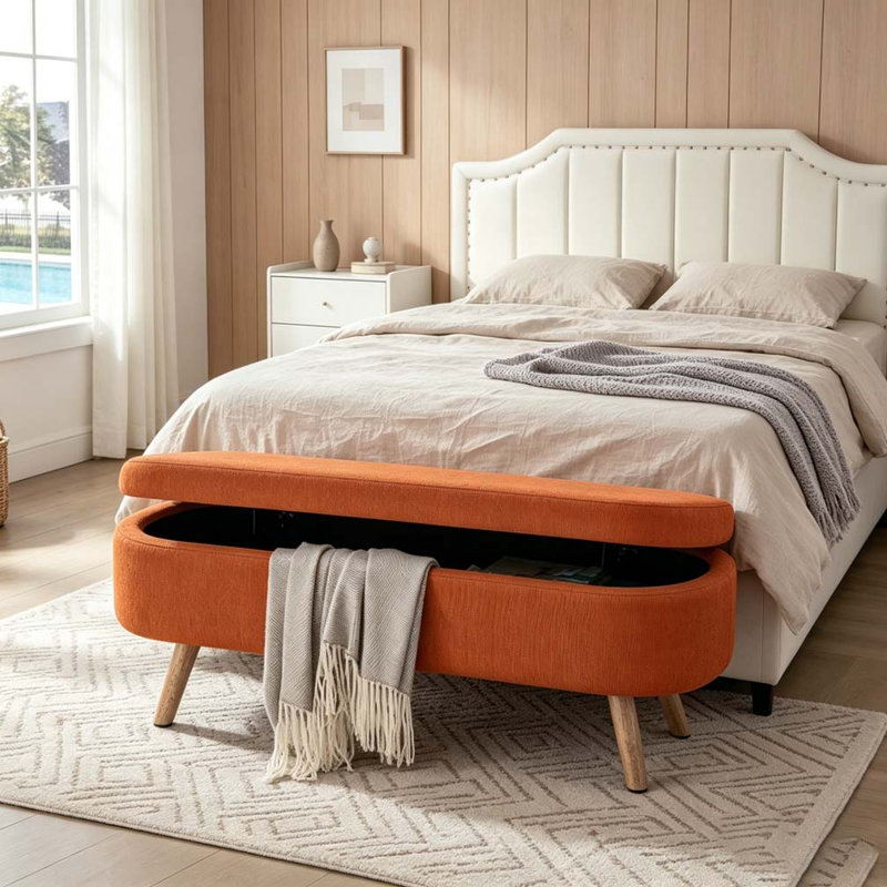 Oval Boucle Storage Ottoman Bench with Wood Legs, Orange