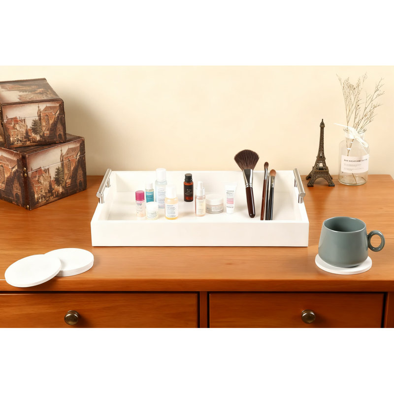 Modern Wooden Serving Tray With Polished Handles & 4 Coasters, Ottoman Coffee Table Organizer For Living Room Bathroom And Coffee Bar