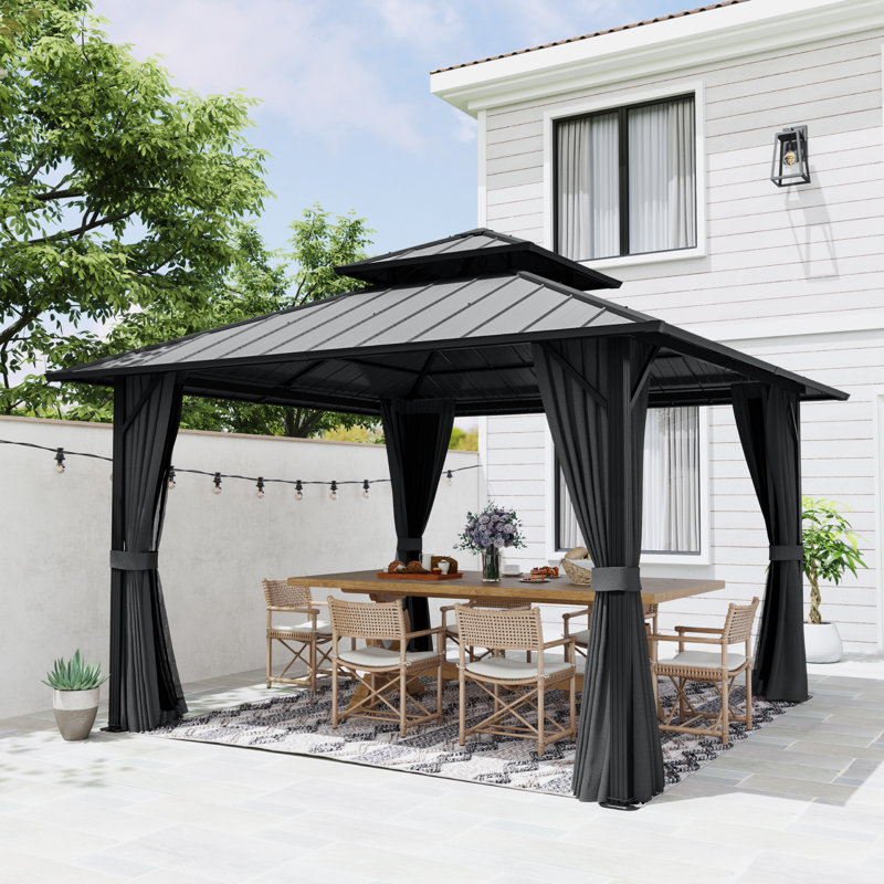 Double Roof Hardtop Metal Patio Gazebo with Curtains and Netting, Gray, Gray, 77.4"H x 122.4"W x 122.4"D