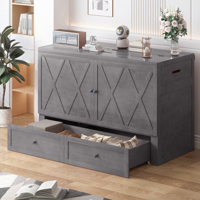 Murphy Bed Queen with Large Storage Drawer & USB Charging, Grey