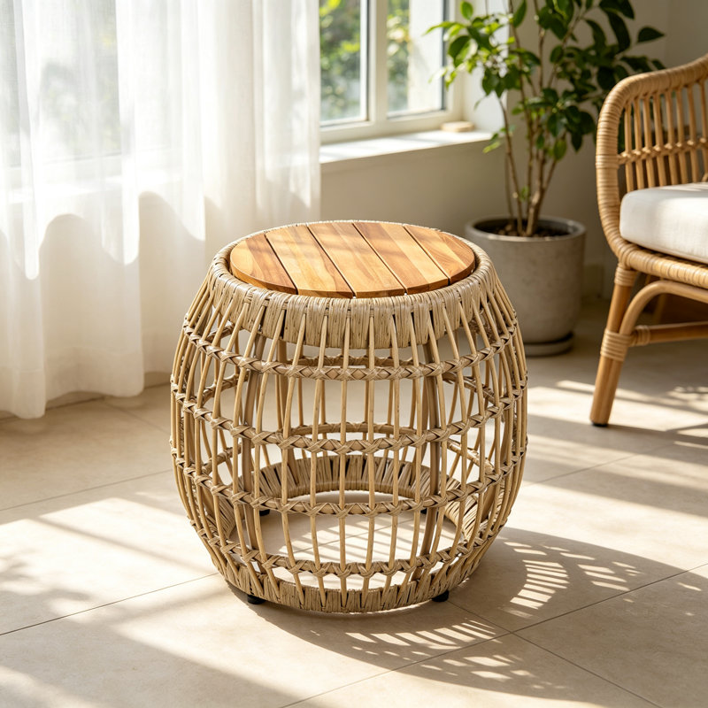 Table d'appoint ronde ronde en bois d'acacia de 16,15 pouces avec base en osier, parfaite pour la terrasse, le jardin, le balcon et l'intérieur