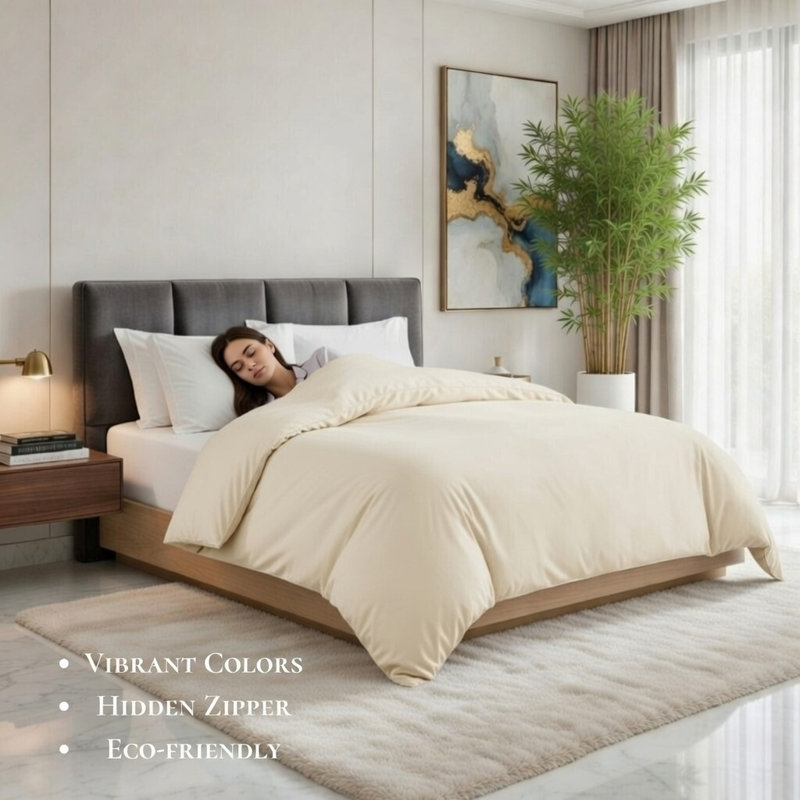 Housse de couette de luxe en bambou, mélange de bambou ultra-doux et rafraîchissant, lavable à la machine, Queen, Crème
