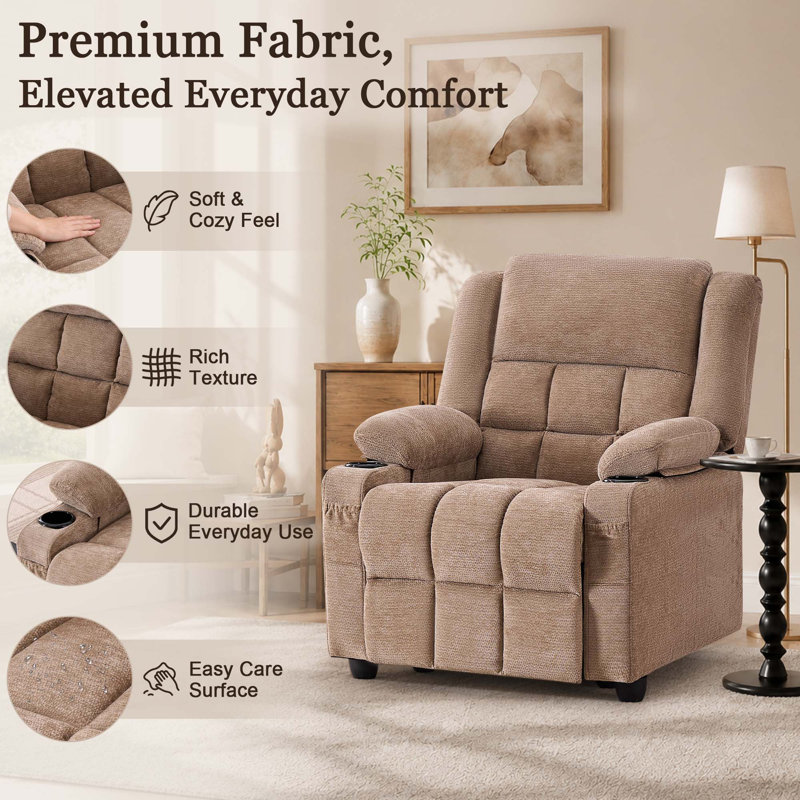 Fauteuil inclinable électrique avec deux porte-gobelets, poche de rangement latérale, revêtement en chenille douce, fauteuil de cinéma électrique réglable pour salon et chambre, brun