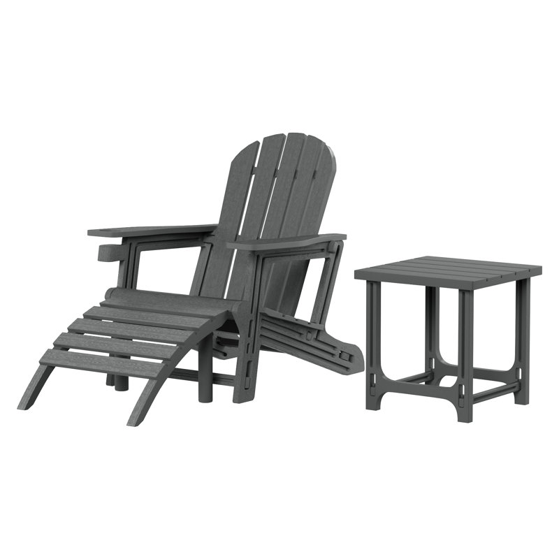 Outdoor Poly 3-Piece Set Adirondack Chair With Ottoman And Side Table, Gray