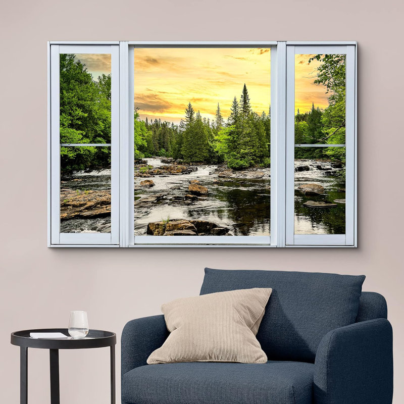 Fenêtre de paysage «Window View Sunset Pine Tree Forest Lake Reflection Nature Images Scenic Landscape» sur toile