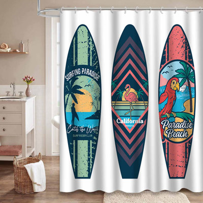 Waterproof Ocean Abstract Beach Art Hawaii Surfboard Shower Curtain with 12 Hooks