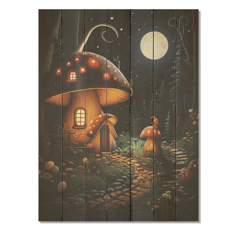 Mushroom Fantasy Landscape - Paysage sur bois, H 20 po x l 10 po