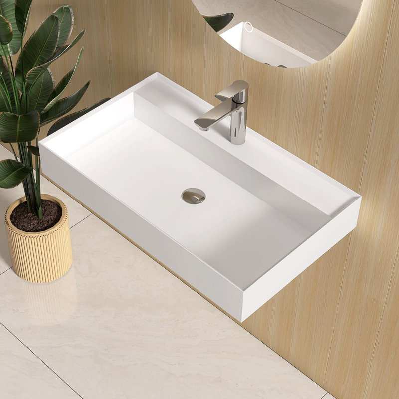 32'' Wall Mounted Bathroom Sink Solid Surface Sink with Faucet Hole