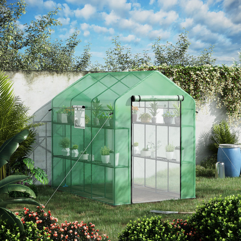 7'x5'x6' Protected Plant House, Mesh Door & Windows, Trellis, Shelves For Flower, Herb, Veggie Growing Walk-in Greenhouse 7'x5'x6', Covering, 18 Nursery Operations