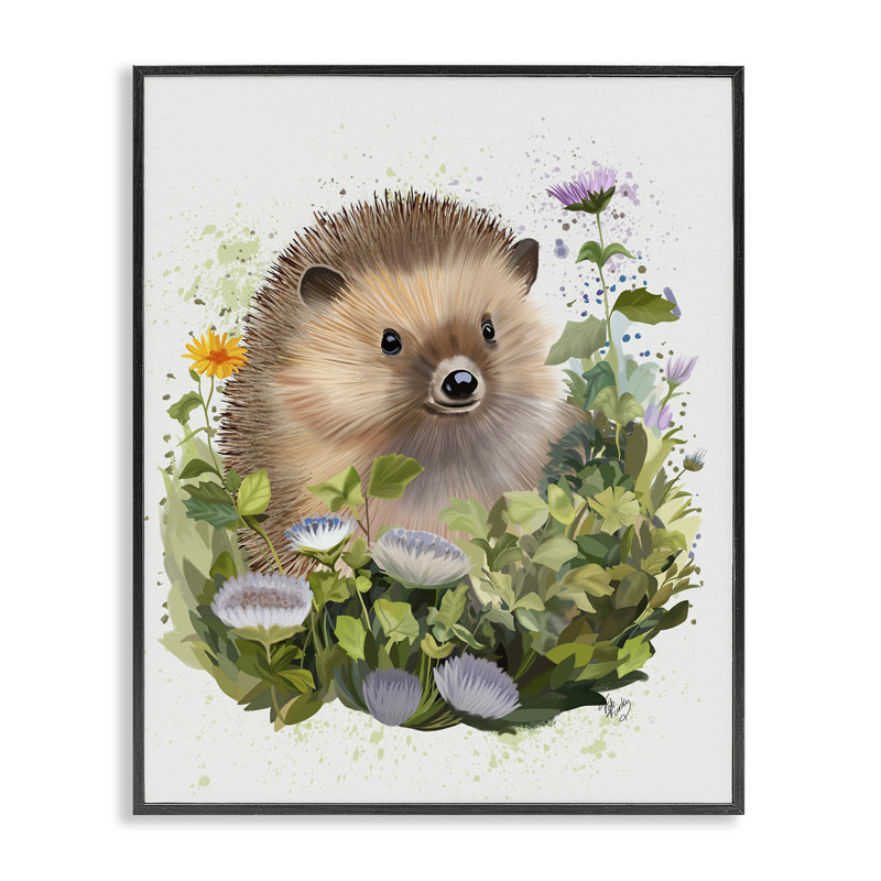 Hérisson dans un pré floral, estampe numérique encadrée par Fab Funky, Giclée encadrée noir minuit, H 14 po x l 11 po