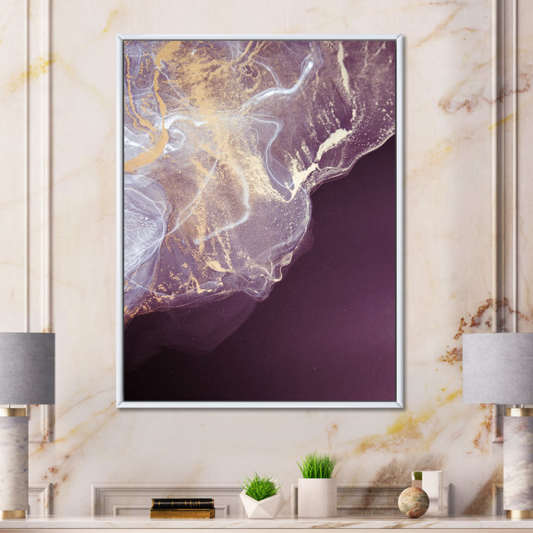 Luxury Purple Gold Marbled Flow Art - Modern Canvas Wall Art Wrought Studio Format: Gold Floater Frame Canvas, Size: 36 H x 24 W x 1 D