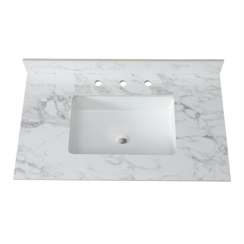 Dessus de meuble-lavabo de salle de bain, dessus de meuble-lavabo en pierre frittée Carra Barthroom avec lavabo rectangulaire encastré en céramique avec dosseret de meuble-lavabo, comptoir de meuble-lavabo