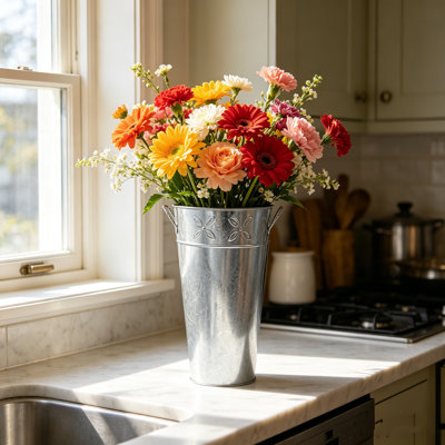 Hosley Set of 3 Galvanized Metal Vases, 12” Tall x 6.5” Dia French Bucket Style, Rustic Farmhouse Flower Vase for Weddings, Events, Home Décor