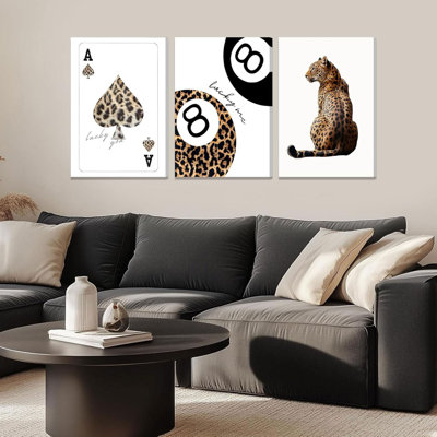 3 pièces à la mode léopard toile art guépard impressions murales photos Funky Lucky You 8 balles affiches peintures BCBG pour les filles chambre dortoir appartement décoration 12 x 16 pouces encadrée