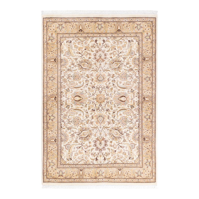 Tapis unique en laine noué à la main 4 pi 2 po x 6 pi 4 po nouvel âge Hayner - ivoire / chamois / rose cendré