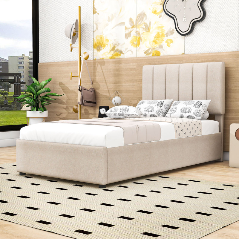 Twin Upholstered Platform Bed, Beige