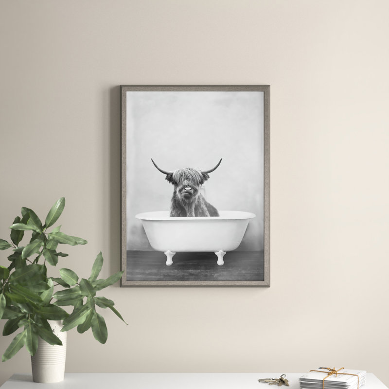 Highland Cow in the Tub BW by Amy Peterson - Picture Frame Print on Glass