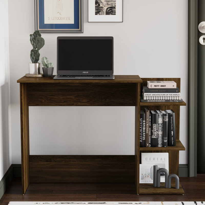 3-Tier Side Shelf Writing Desk in Brown, Brown