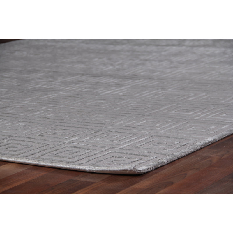 Greek Key Geometric Area Rug in Blue, Rectangle 12' x 15', Silver