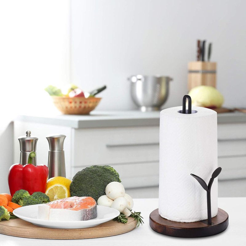 Porte-serviettes en bois en bois avec base lestée, distributeur de rouleau autoportant pour comptoir de cuisine ou table de salle à manger, conception déchirée à une main