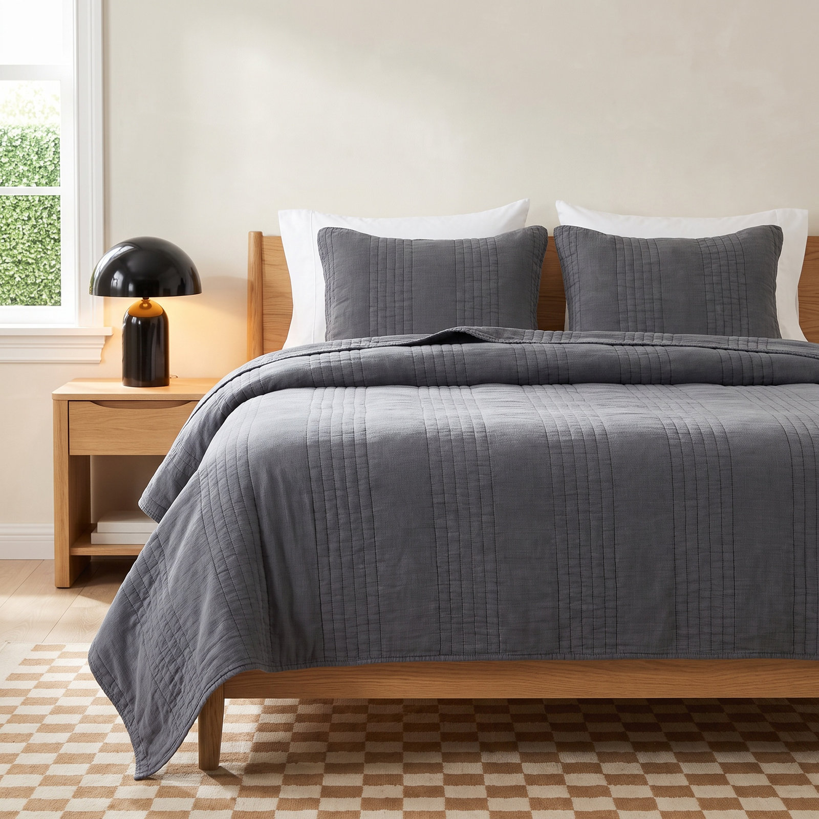 Cotton Quilt Set, King Quilt + 2 King Shams, Charcoal