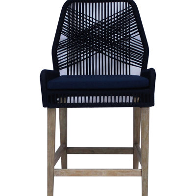Tabouret à hauteur de comptoir de 2 sièges en tissu et corde tissée bleu foncé, coussin moelleux, repose-pieds stable