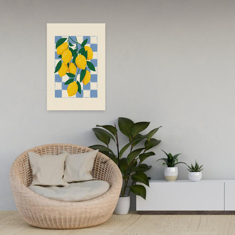 Citrons frais, art abstrait bleu à carreaux rustique, fruits et nature, H 24 po x l 16 po