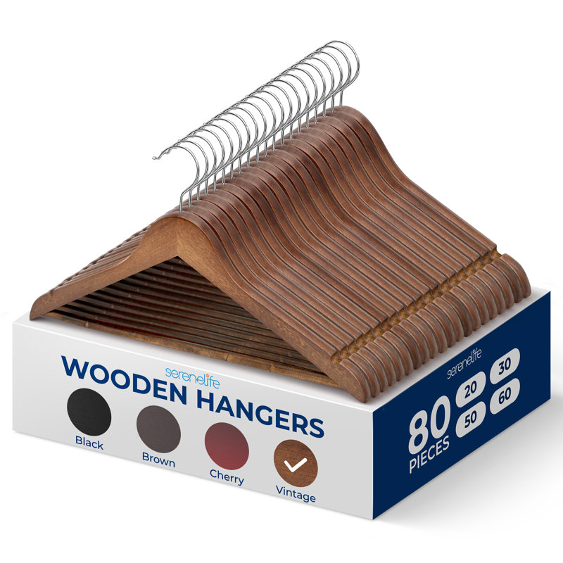 SereneLife 50-Pack Light Brown Wooden Suit Hangers with Non-Slip Notches