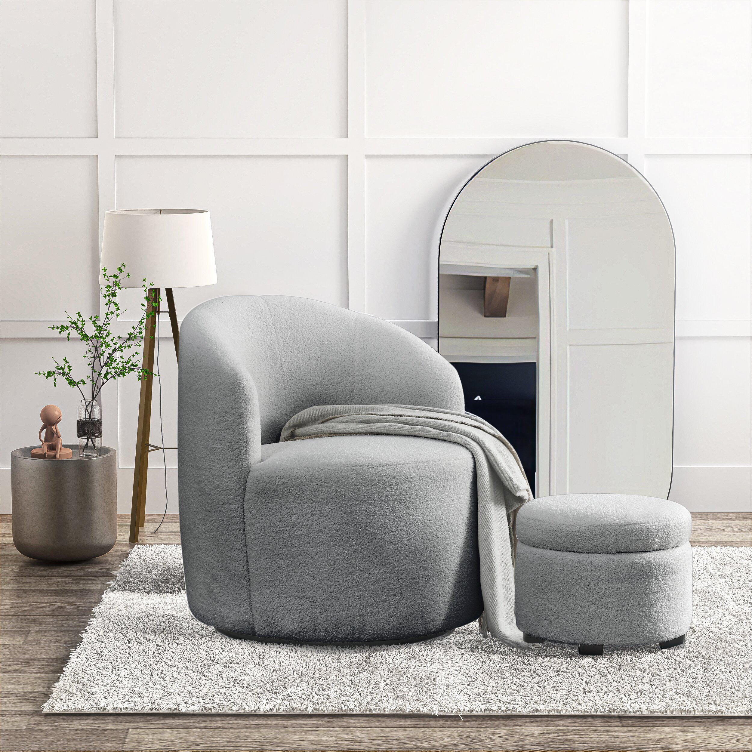 Amold Upholstered Barrel Accent Armchair with Ottoman and Pillow Willa Arlo Interiors Fabric: Dark Gray