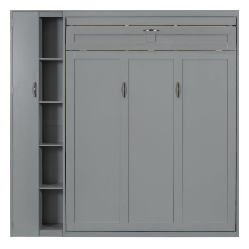 Ashen Murphy Bed with Shelves, Wardrobe & LED Light, Gray, Full