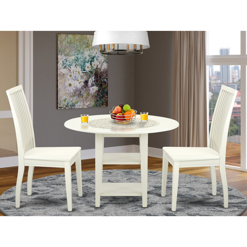 3 Piece Dining Room Table Set Contains a Round Kitchen Table with Dropleaf & Shelves and 2 Dining Chairs, Linen White