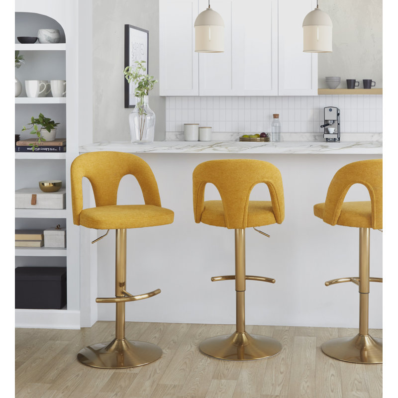 Tabourets de bar réglables Caden avec repose-pieds arrondi en T, Doré, Tissu jaune