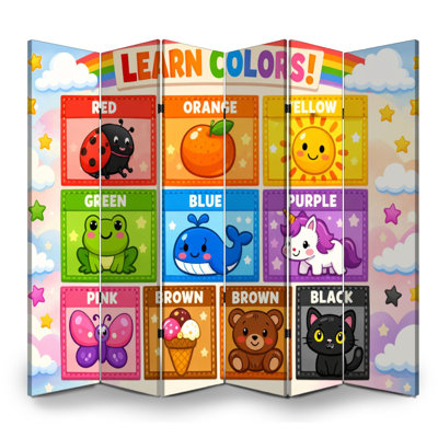 Cloison pliante à 6 panneaux pour salle de classe Royal Apprendre les couleurs Mignons personnages de dessins animés Toile aux couleurs vives Séparateur de pièce Cloison de protection autoportante Cloison d'intimité