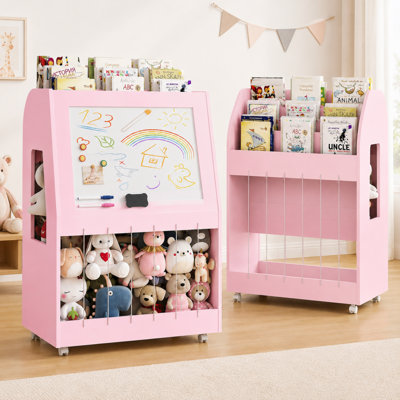 31.5" H Toy Storage Organizer, 3-Tier Kids Bookcase with Stuffed Animal Storage, Magnetic Drawing Board, 26 Letter Magnets & Swivel Wheels for Playroom and Kids Room, Pink