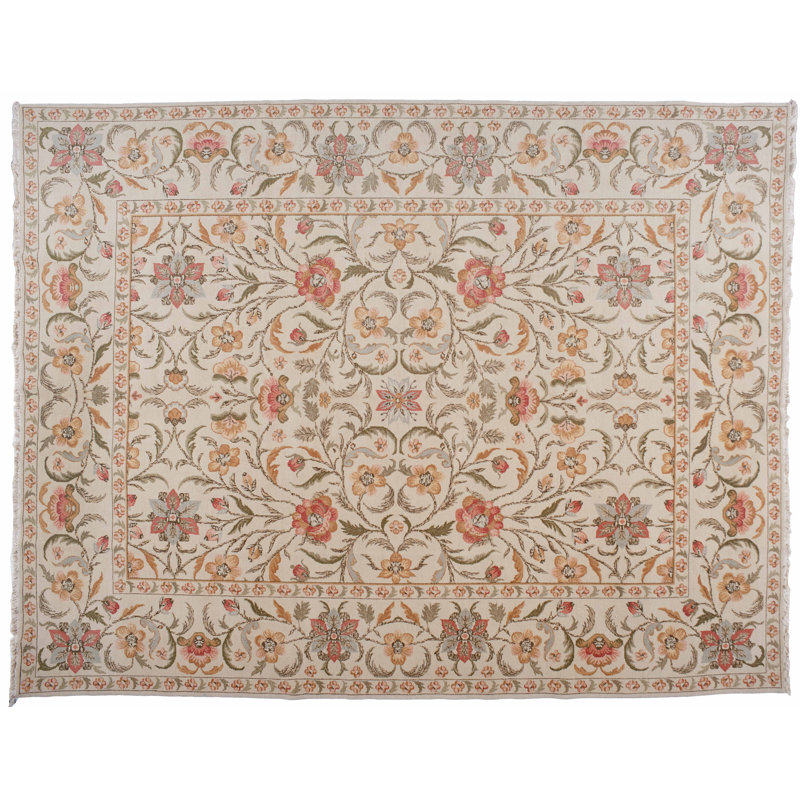 Tapis unique en laine noué à la main beige / rouge / vert de 9 pi x 11 pi 7 po