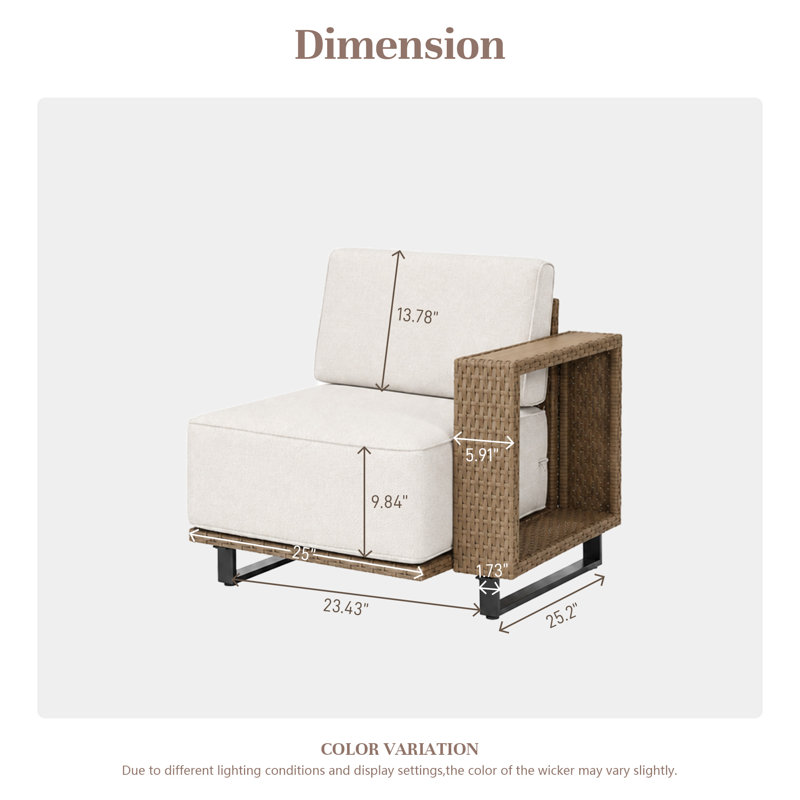     Outdoor Wicker Right Arm Chair with Cushions, PE Rattan Patio Sectional Sofa Chair for Balcony, Porch & Garden