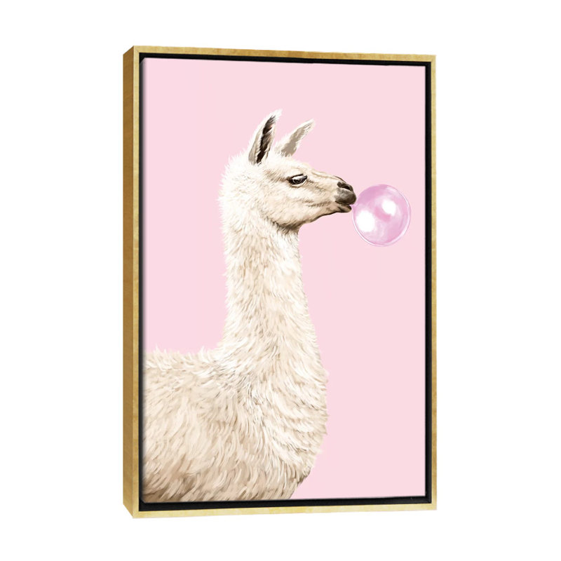 Art gomme à bulles ludique llama, H 40 po x l 26 po x P 1,5 po, Toile encadrée d'or