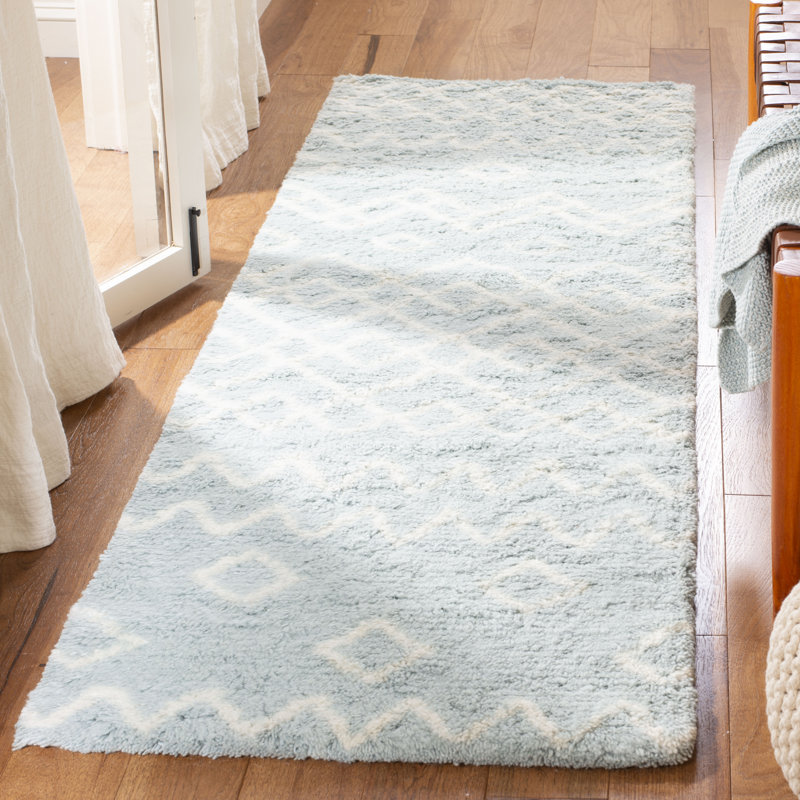 Powell Hand Tufted Nz Wool/Cotton Southwestern Rug in Blue/Ivory, Runner 2'3" x 8'