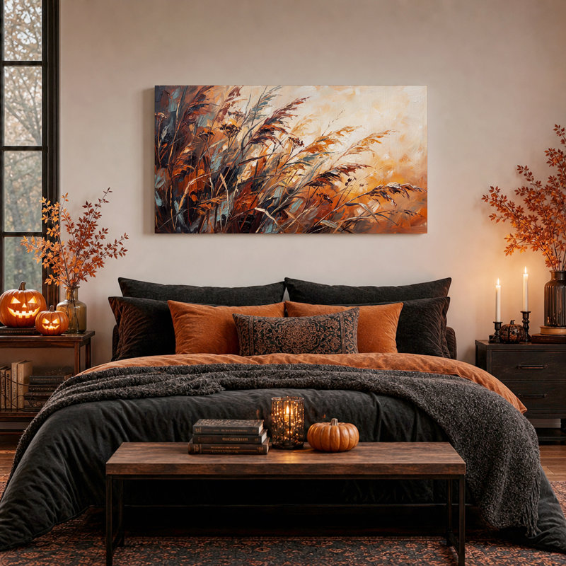 Toile murale d'Halloween à texture picturale d'herbes sauvages orange et brunes, 32“W x 16”H