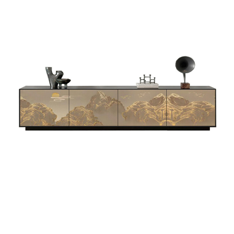 Meuble télé en bois de pin naturel, Noir, noir, noir, noir, 86.61"