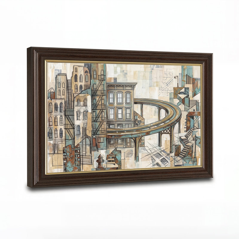 Tableau sur toile turquoise beige représentant des bâtiments urbains avec des voies surélevées incurvées et des escaliers.