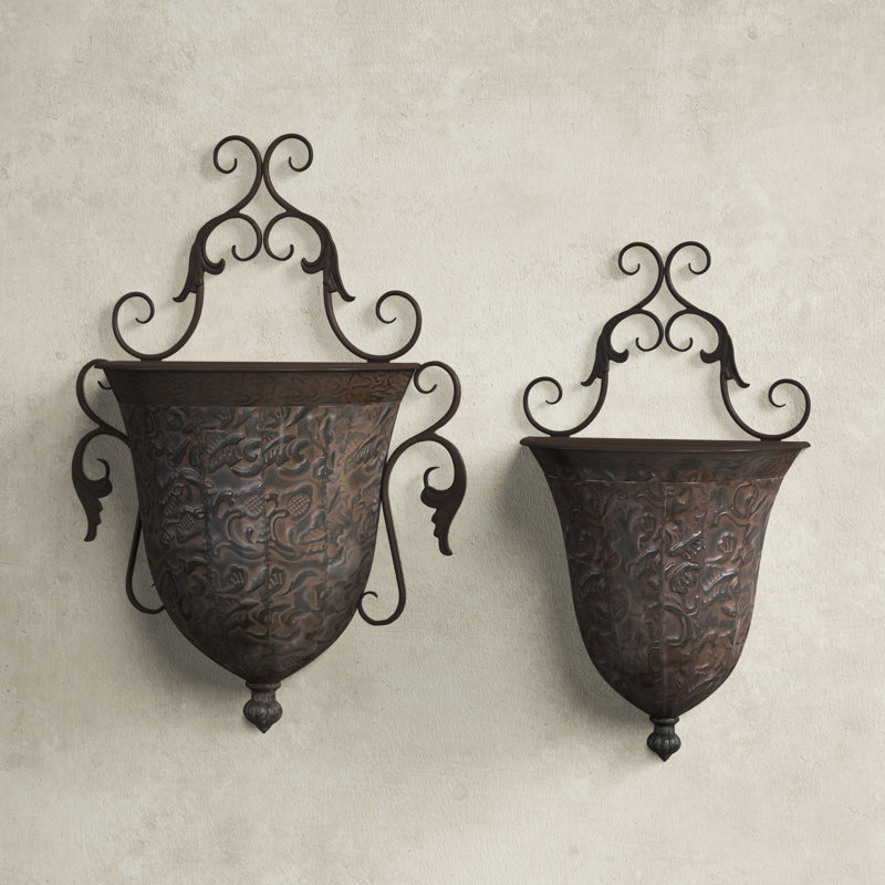 Antique Copper Scrollwork Iron Wall Planters Set of 2