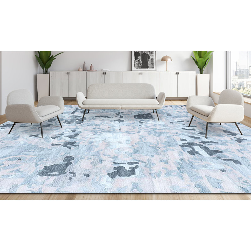 Abstract Area Rug in Turquoise/Ivory, Rectangle 8' x 10'