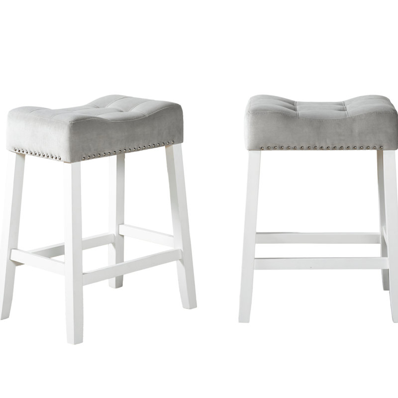 De 2 tabourets, hauteur comptoir, sièges de selle gris, blanc délavé, conception en bois massif de 2 pièces de hauteur, finition velours blanc délavé,