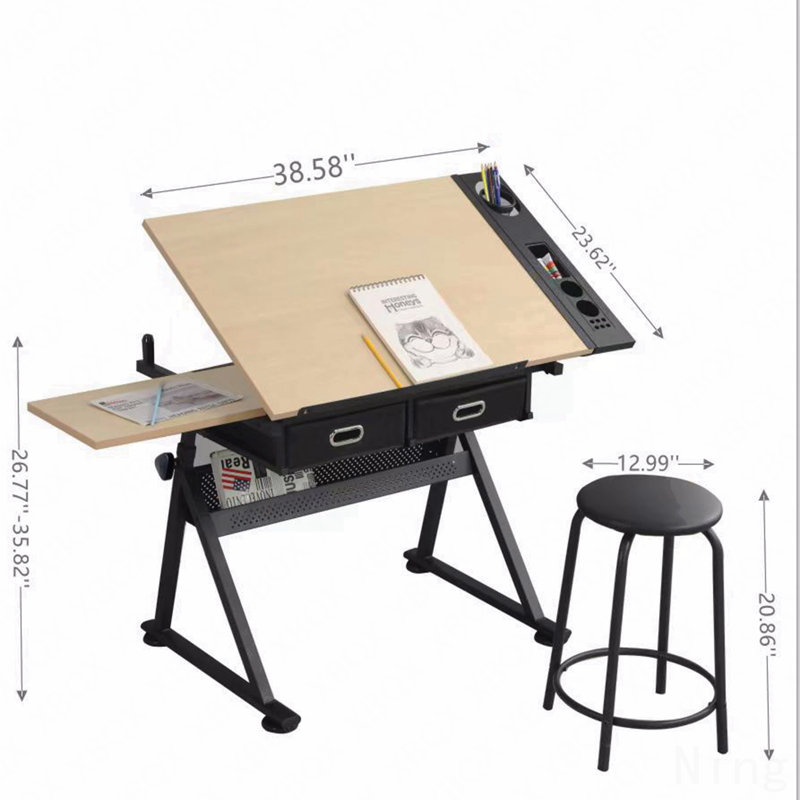 Adjustable Drawing Drafting Table Desk With 2 Drawers For Home Office And School With Stool, Érable