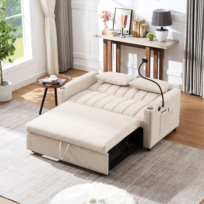 Convertible avec 3 ports, 2 sacs latéraux, porte-gobelets et support pour téléphone 360, lit de couleur beige réglable, poches et support pivotant