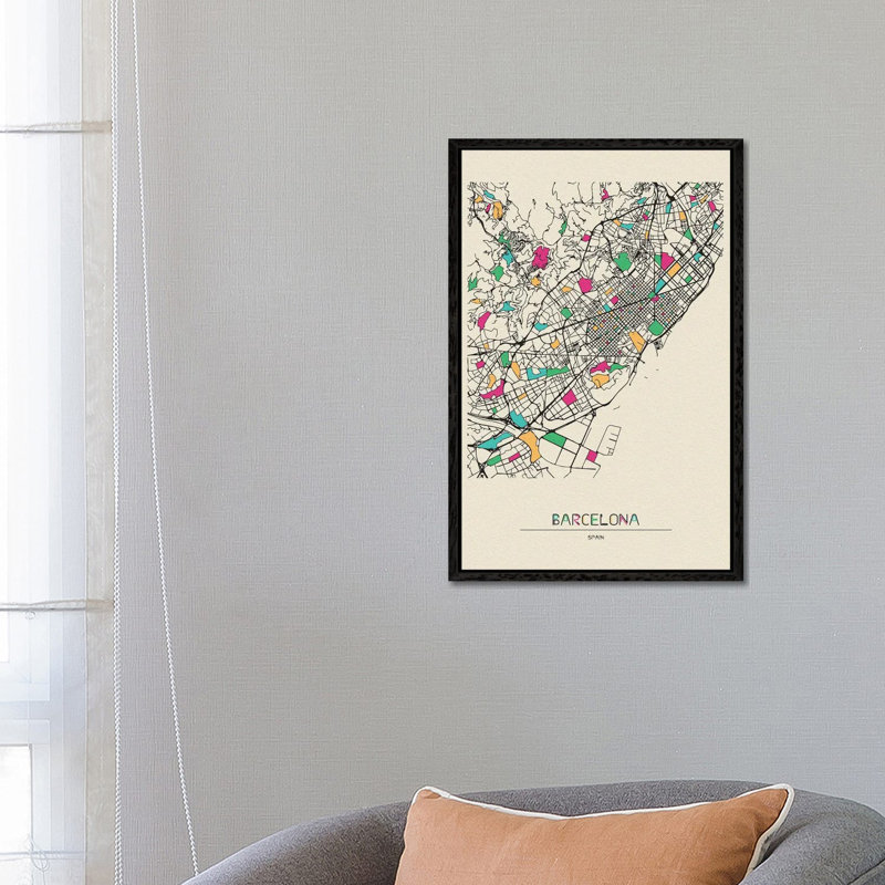 Barcelona, Spain Map by Ayse Deniz Akerman - Print on Canvas, Black Floater Frame, 66.04 cm H x 45.72 cm W